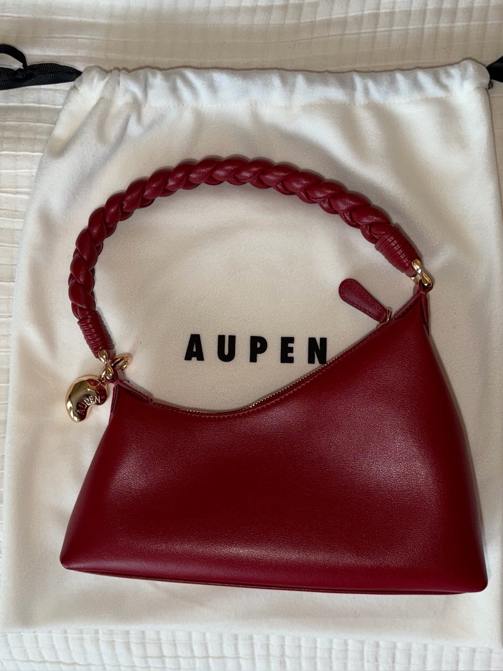 AUPEN Braided-Handle Shoulder Bag in Deep Red